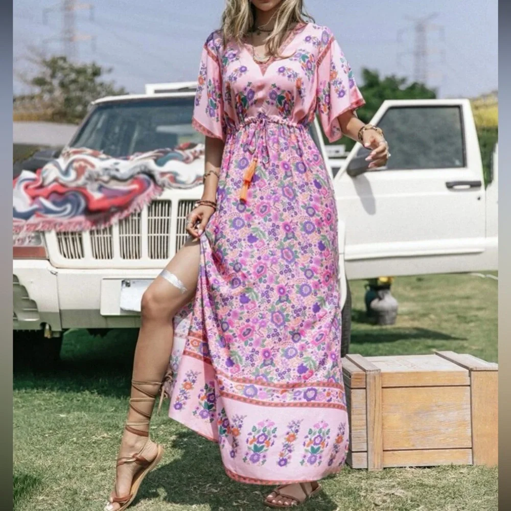 Boho floral print slit thigh drawstring waist maxi dress - Picture 5 of 6